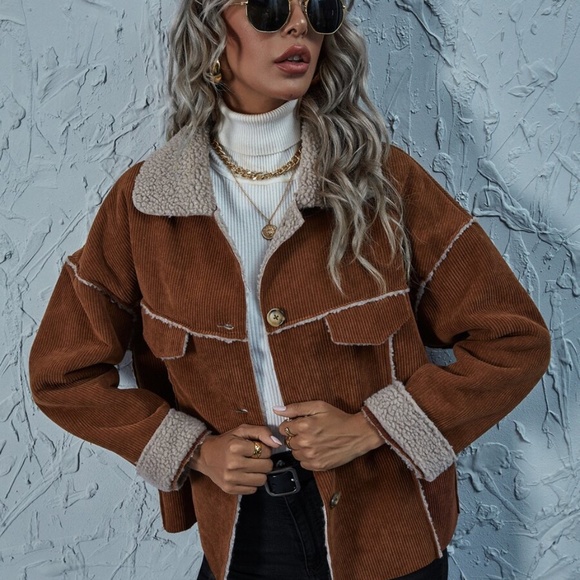 Corduroy button up teddy lined jacket coat rust - Picture 4 of 6